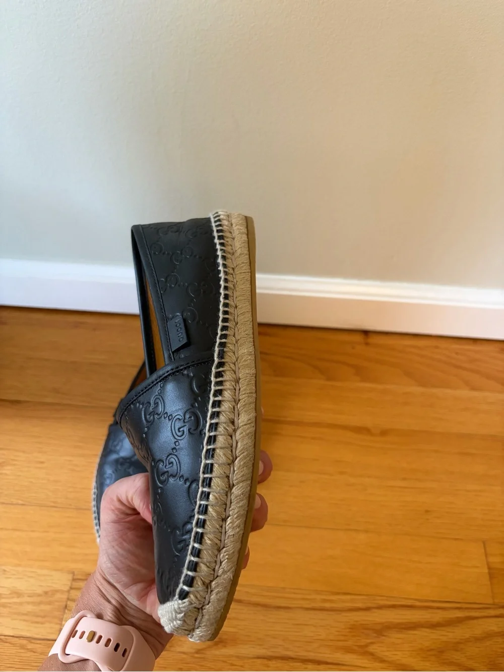 Gucci Black Leather Espadrille Slip On Microguccisima leather women size 38 flat